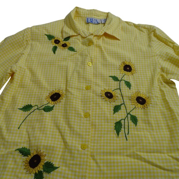 Vtg BFA Classics Yellow Gingham Sunflower Embroider Button Up Shirt Size M FLAW - Picture 2 of 10